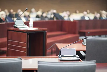 Inside view of a typical courtroom setting.